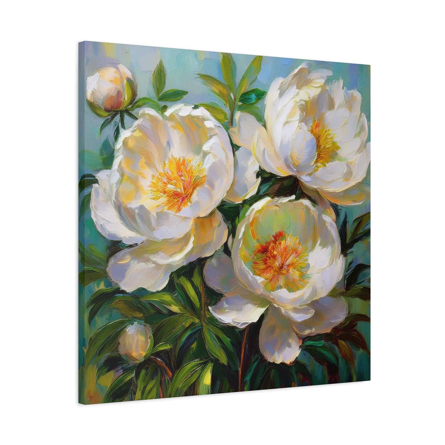 White Peonies Print Canvas, Floral Oil Paint Print 20x20, 24x24, 30x30, 32x32, 36x36 Art Design Pine-Wood Inner Frame MC-117