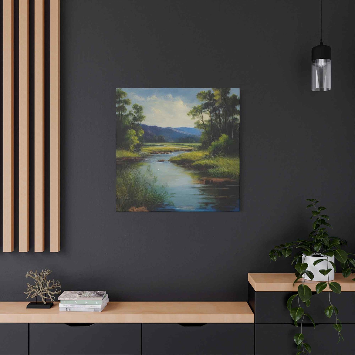 River Print Canvas, Landscape Oil Paint Print 20x20, 24x24, 30x30, 32x32, 36x36 Art Design Print Pine-Wood Inner Frame MC-54