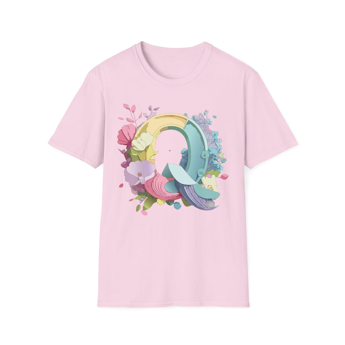 Floral Letter Q T-Shirt | Pastel Rainbow Monogram Tee