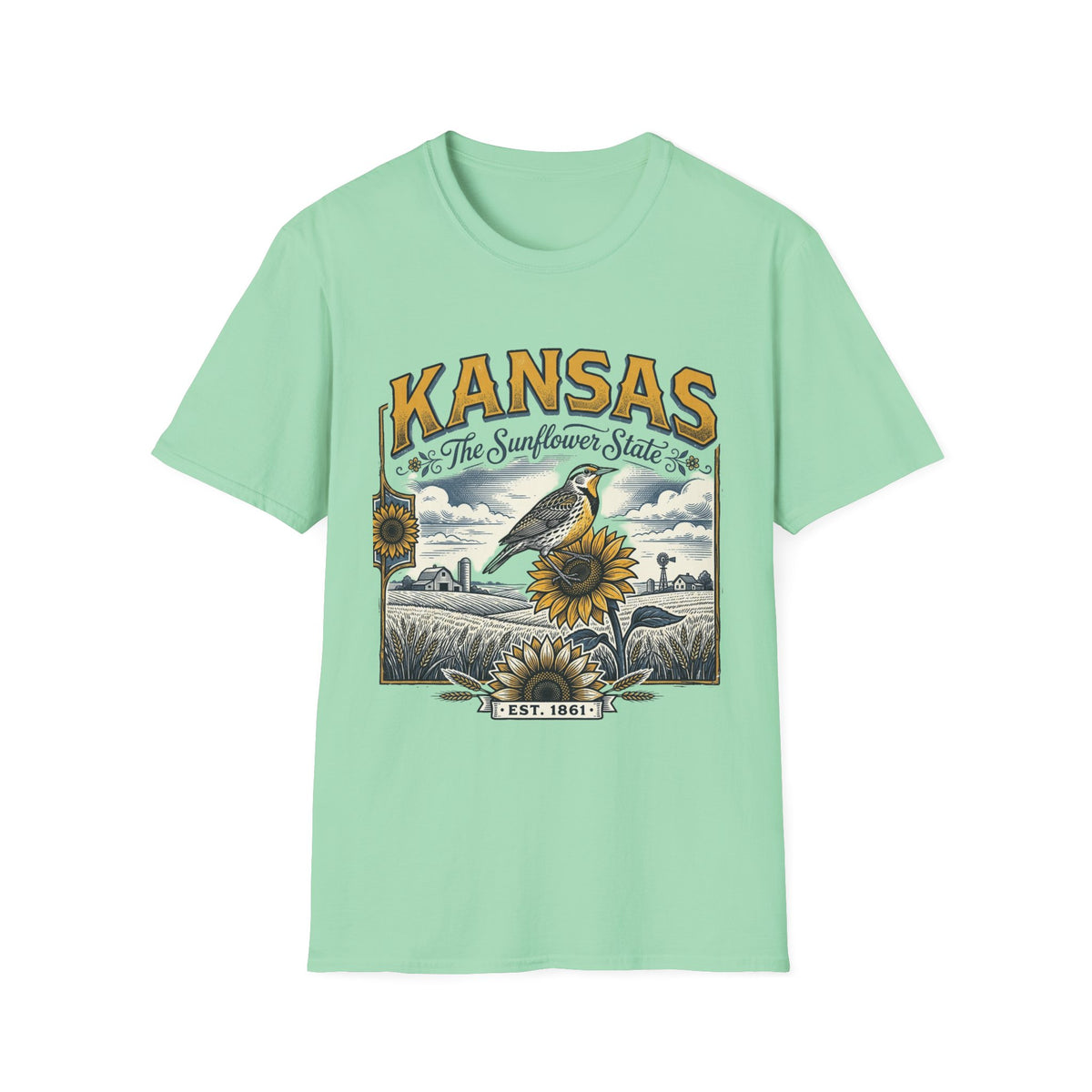 Kansas The Sunflower State T-Shirt | Vintage Meadow Bird Sunflower Design