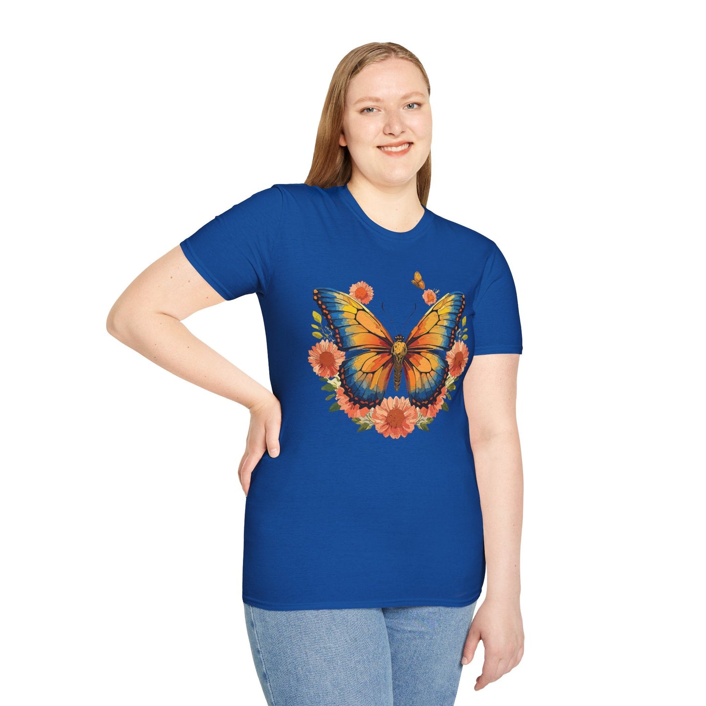 Butterfly T Shirt Unisex Softstyle Gildan 64000 Monarch Print 100 Percent Ring Spun Cotton