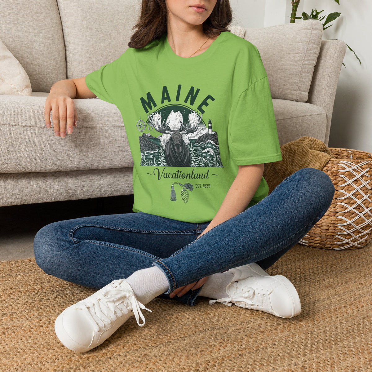 Maine Vacationland Moose T-Shirt — Rustic Coastal State Pride Tee Travel Tourist Graphic Design Unisex 100 Cotton Gildan T-Shirt