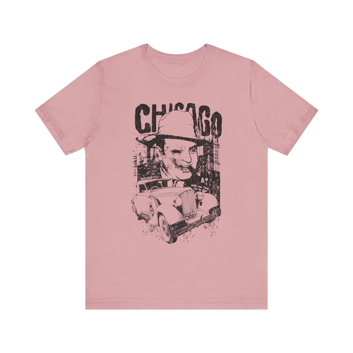 Chicago Retro Mobster Illustration Tee Vintage Car Cityscape Art Design Unisex Cotton T-Shirt A-8