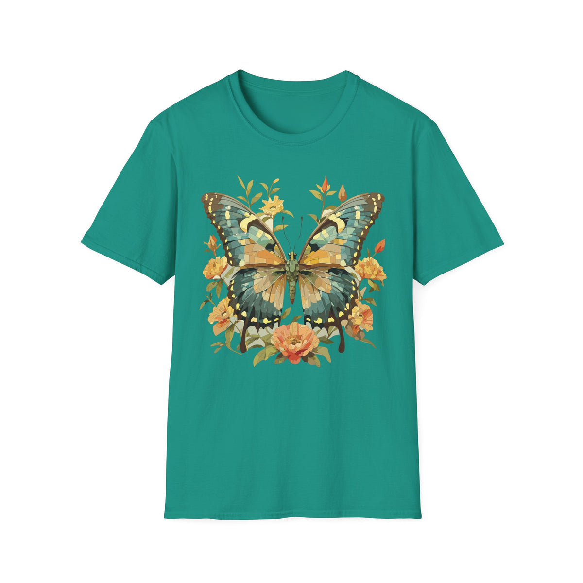 Butterfly Floral T-Shirt — Vintage Green & Gold Garden Graphic Tee Unisex 100 Cotton Gildan T-Shirt