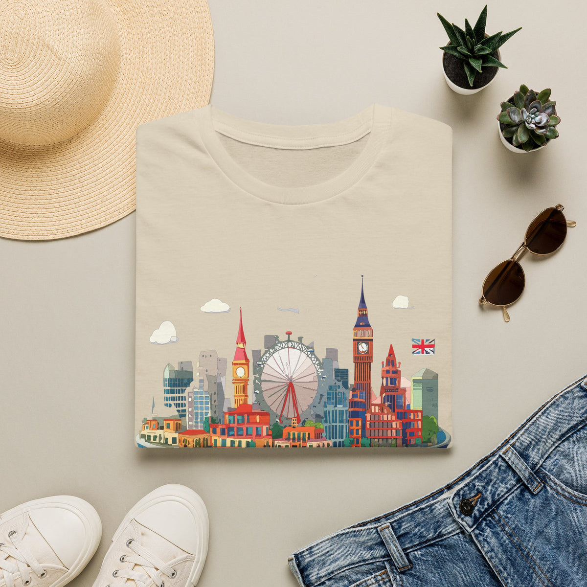 London Skyline Illustration T-Shirt | Big Ben, London Eye, Union Jack