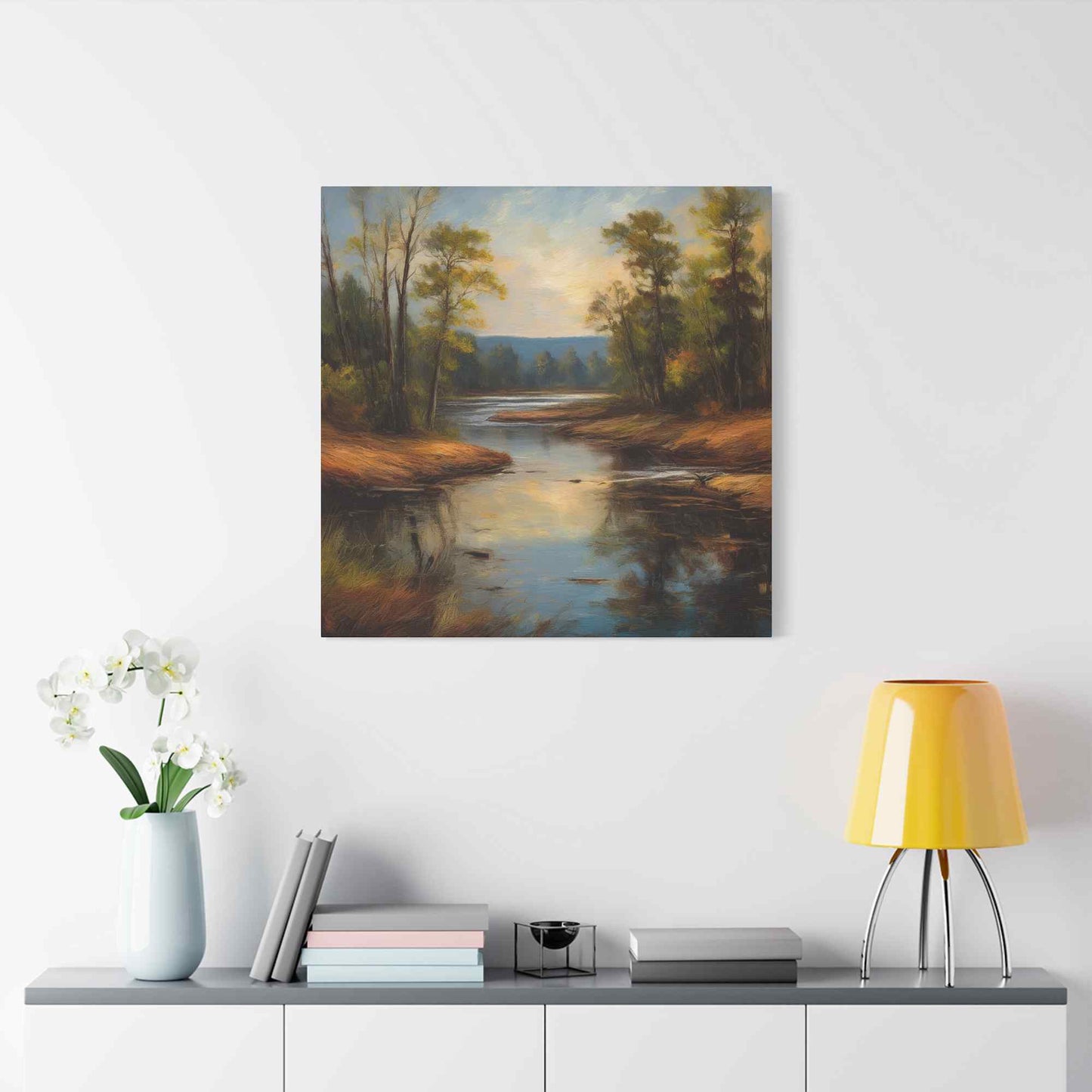 River Print Canvas, Landscape Oil Paint Print 20x20, 24x24, 30x30, 32x32, 36x36 Art Design Print Pine-Wood Inner Frame MC-51