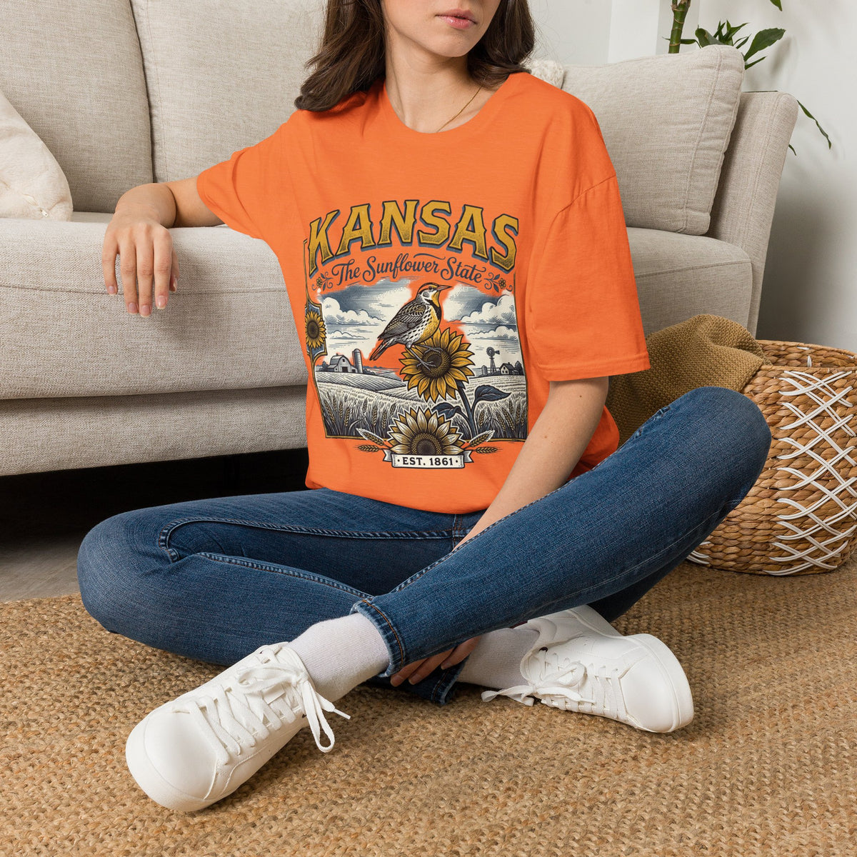 Kansas The Sunflower State T-Shirt | Vintage Meadow Bird Sunflower Design