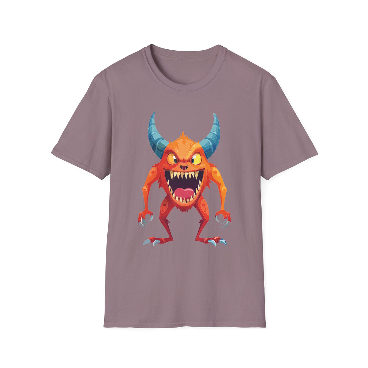 Orange Horned Monster T-Shirt — Cute Scary Cartoon Tee for Kids & Halloween Cartoon Graphic Tee Unisex 100 Cotton Gildan T-Shirt