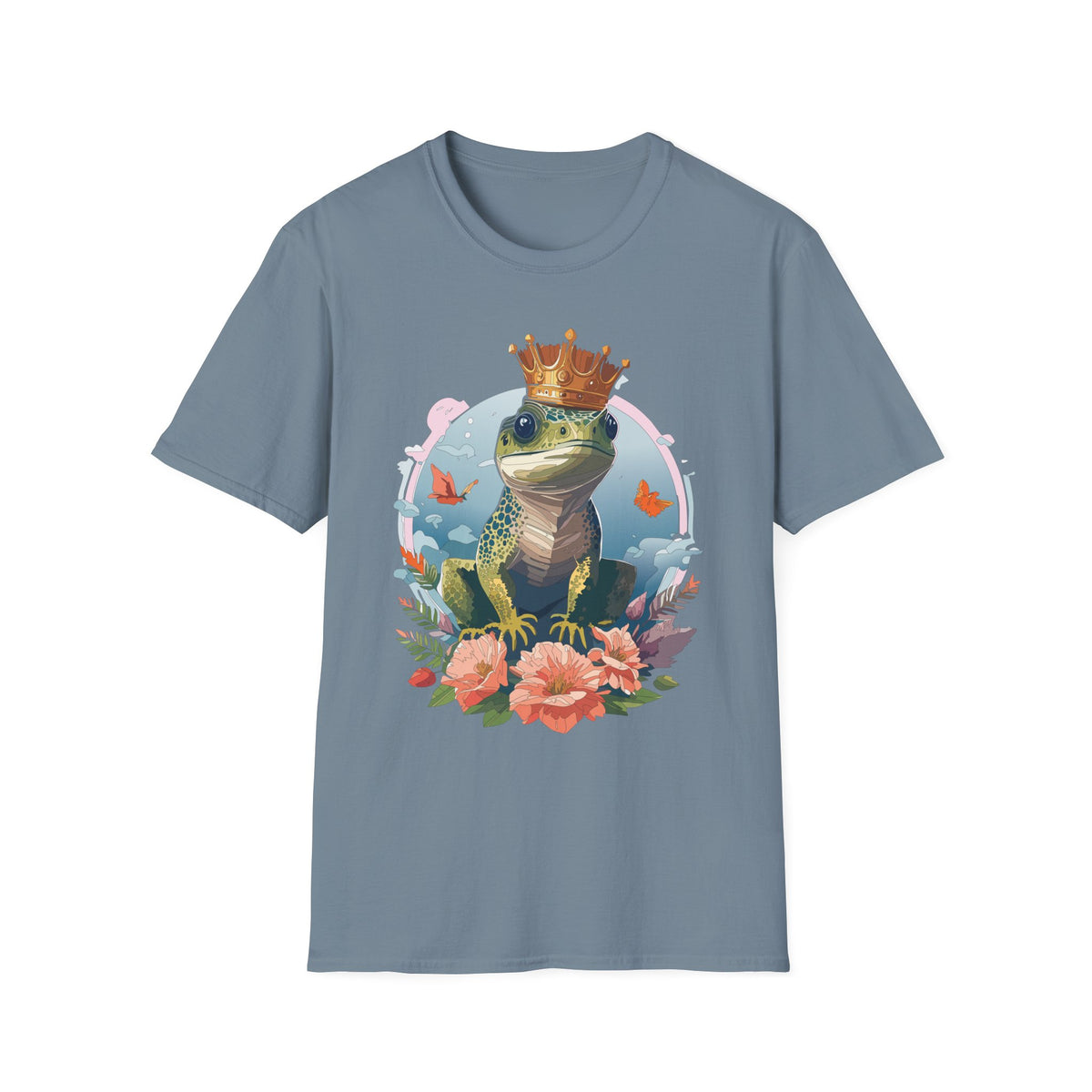 Frog Prince T-Shirt | Crowned Frog Illustration, Floral Accent