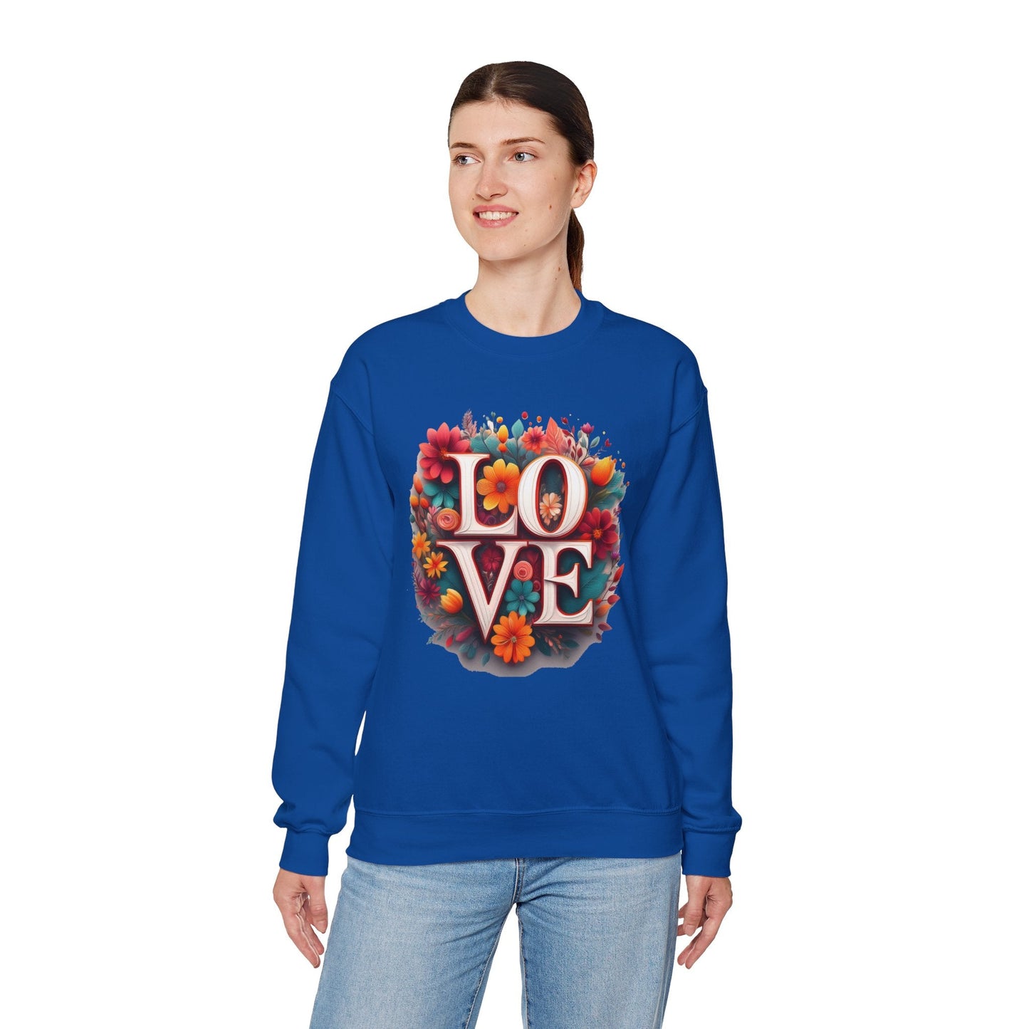 Floral Love Valentines Day Sweatshirt Unisex Heavy Blend Crewneck 50/50 Cotton Polyester Gildan 18000