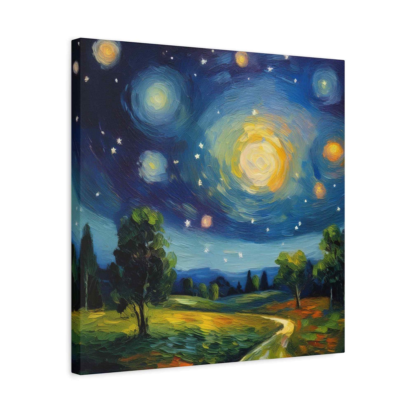 Starry Night Print Canvas, Oil Paint Print 20x20, 24x24, 30x30, 32x32, 36x36 Art Design Print Pine-Wood Inner Frame MC-40