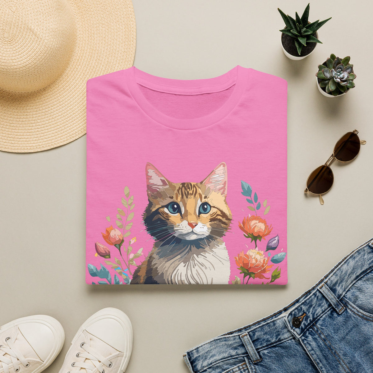 Watercolor Cat Portrait T-Shirt | Floral Kitty Illustration