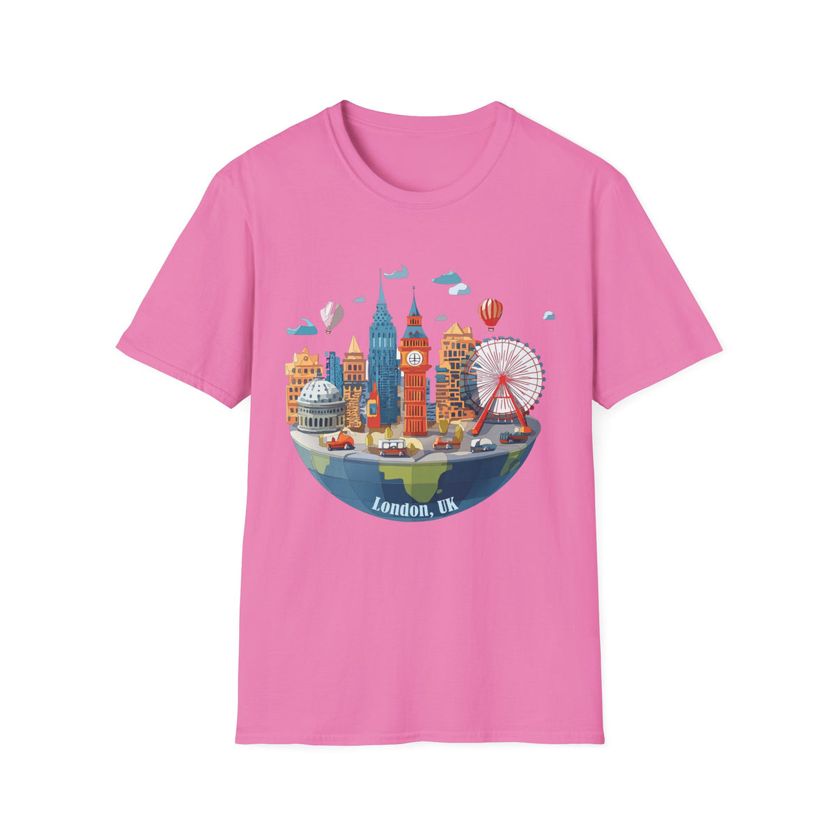 London Skyline Illustration T-Shirt | Big Ben, London Eye, Hot Air Balloons