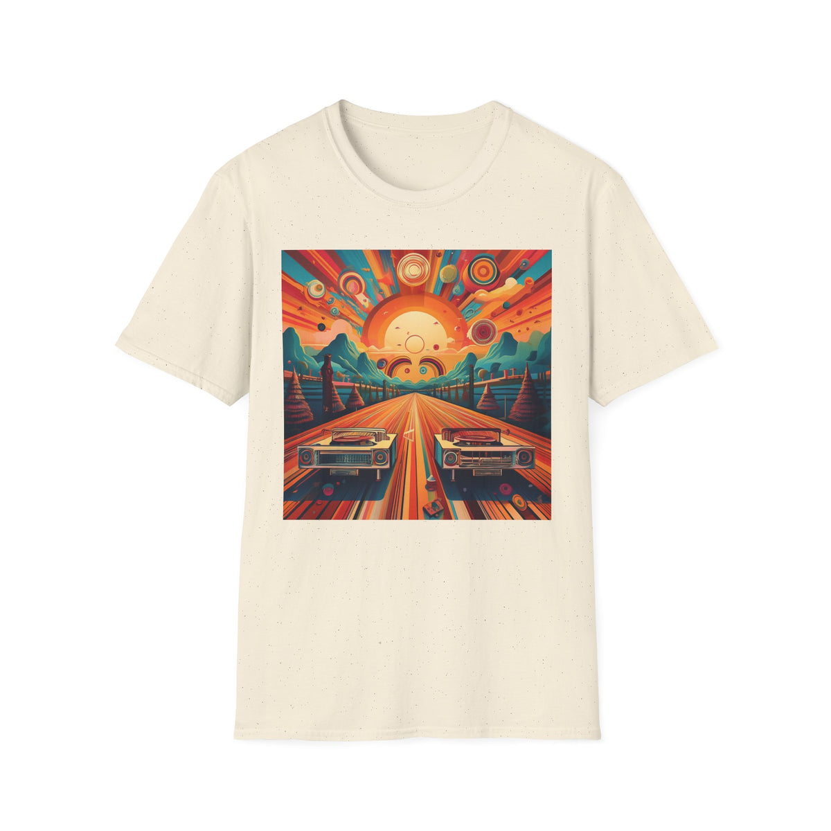 Retro Sunburst Road Trip Graphic Posters, Post Stamps Design Unisex 100 Cotton Gildan T-Shirt