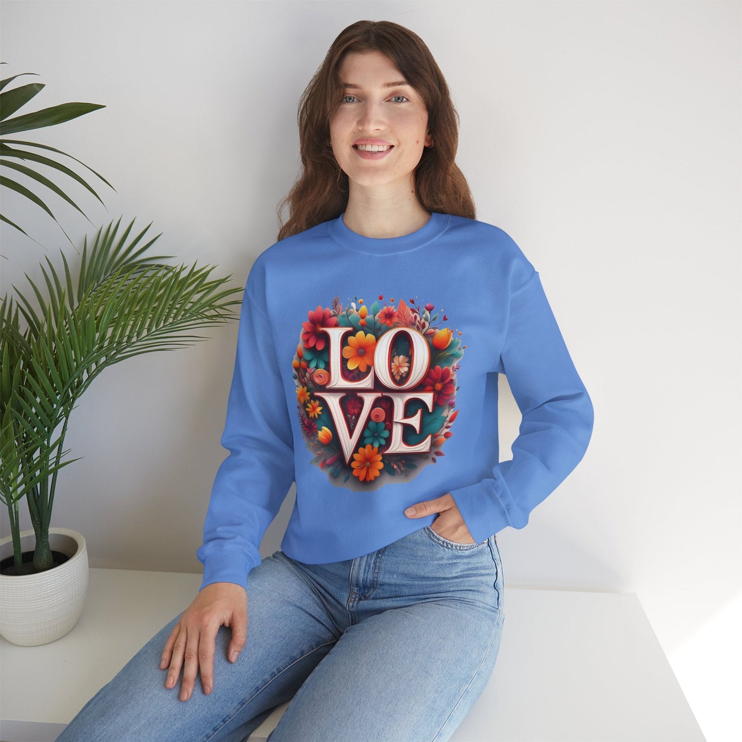 Floral Love Valentines Day Sweatshirt Unisex Heavy Blend Crewneck 50/50 Cotton Polyester Gildan 18000
