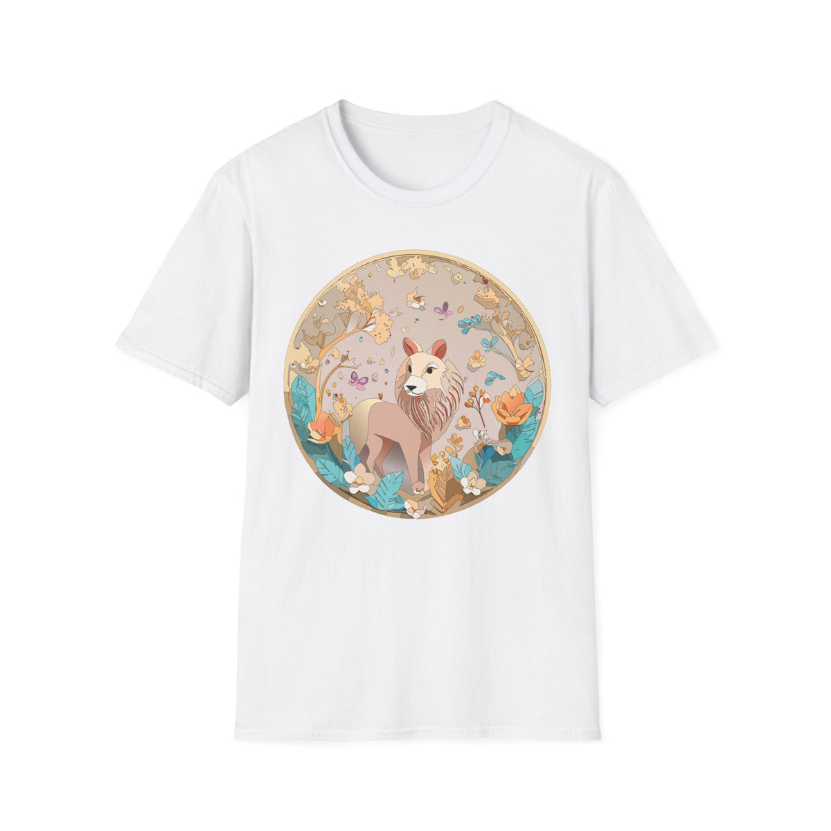 Whimsical Lion Garden Illustration T-Shirt | Floral Circle Art