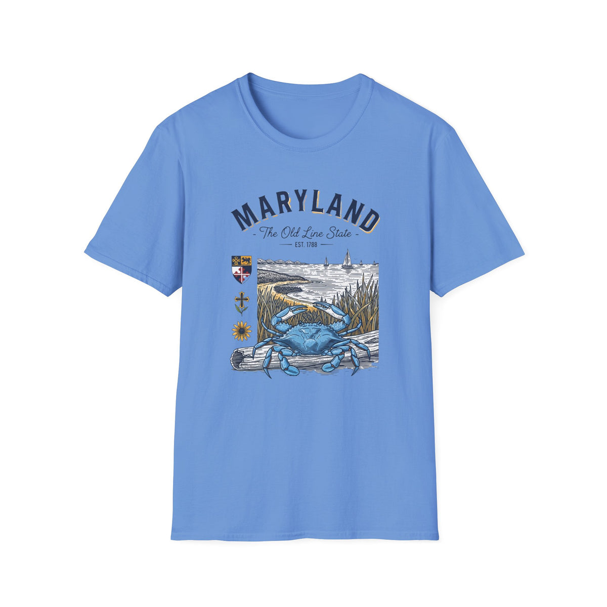 Maryland Blue Crab Scenic T-Shirt — The Old Line State Coastal Design Travel Tourist Graphic Design Unisex 100 Cotton Gildan T-Shirt