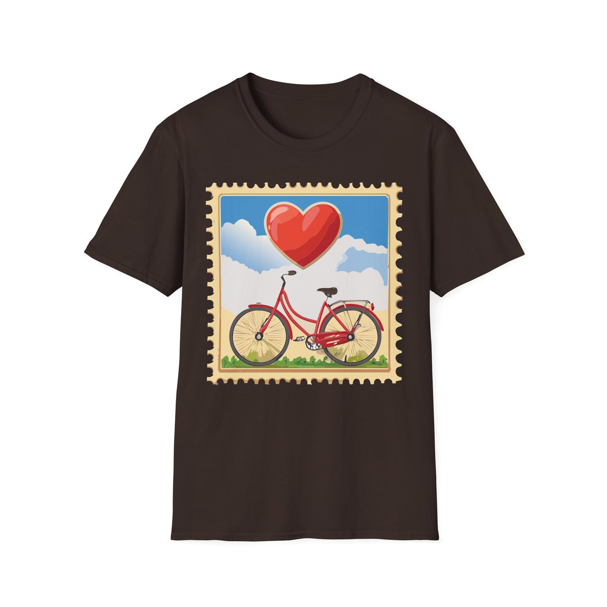 Heart Balloon Bicycle T-Shirt | Retro Stamp Illustration