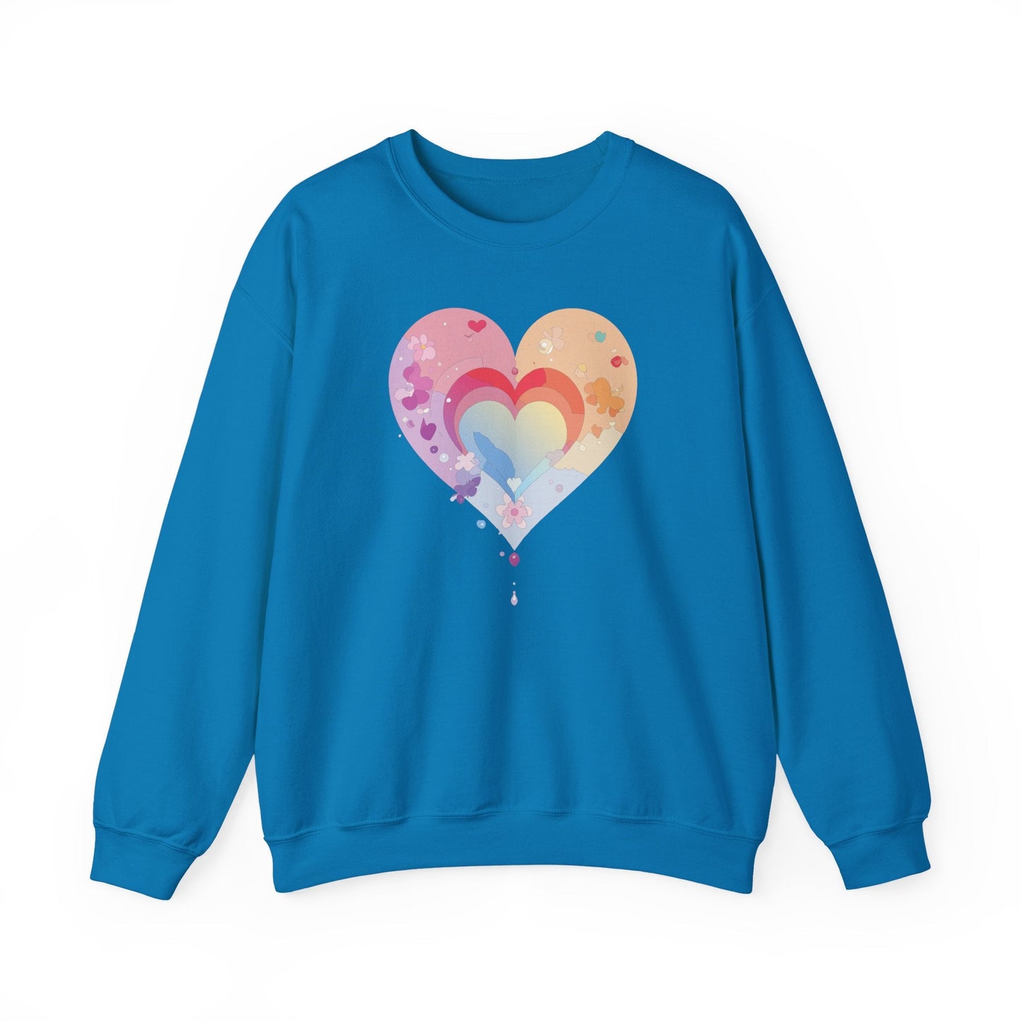 Rainbow Heart Floral Sweatshirt Unisex Valentines Day Gift Cozy Crewneck Sweatshirt