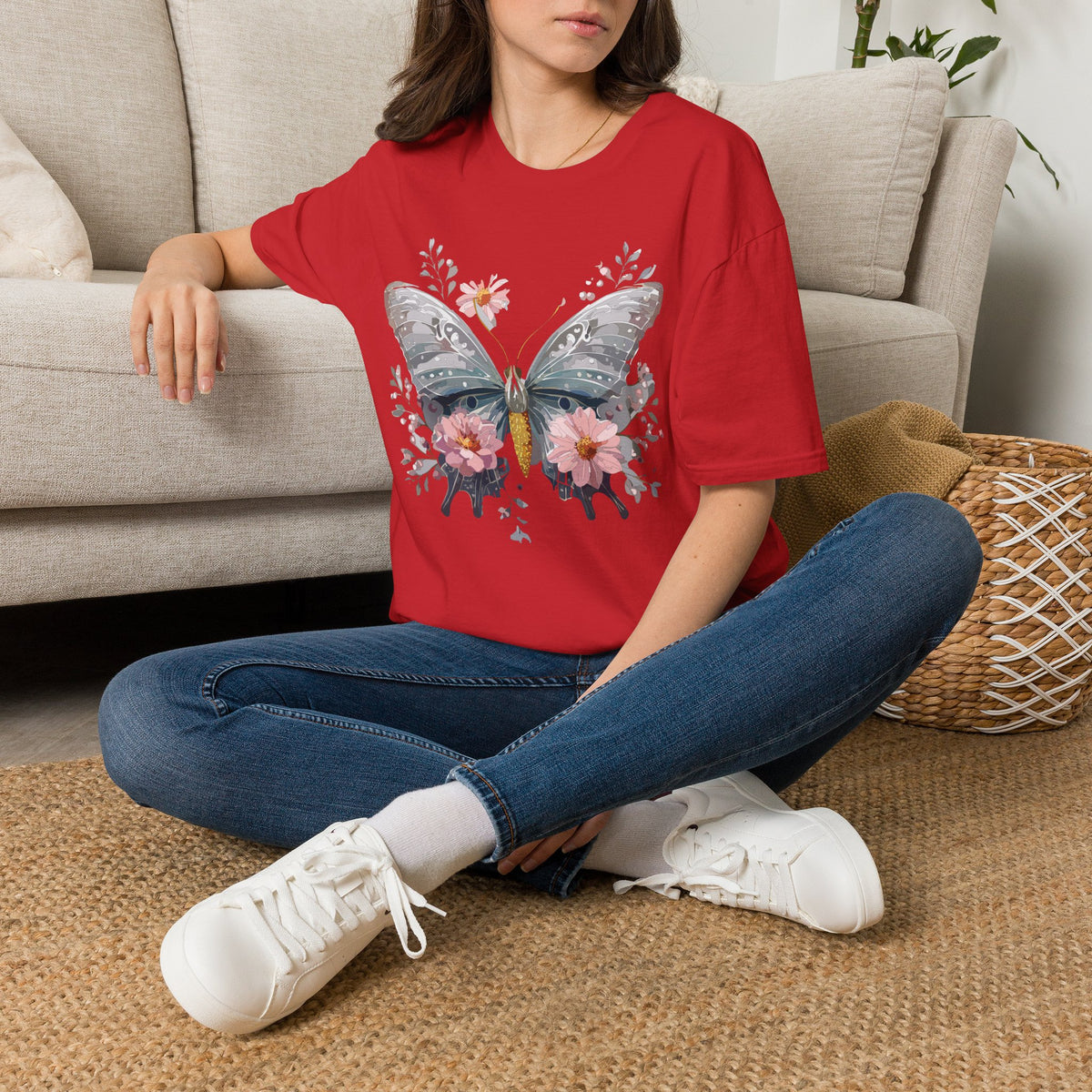 Butterfly Floral T‑Shirt — Watercolor Moth & Pink Flowers Graphic Tee Unisex 100 Cotton Gildan T-Shirt