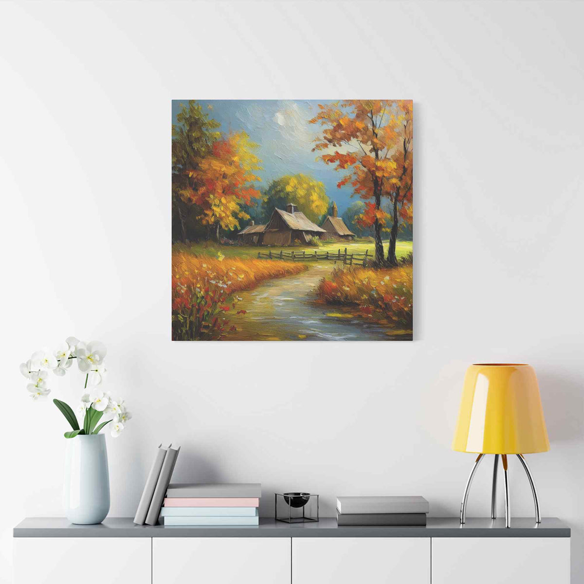 Countryside Fall Print Canvas, Oil Paint Print 20x20, 24x24, 30x30, 32x32, 36x36 Art Design Pine-Wood Inner Frame MC-105