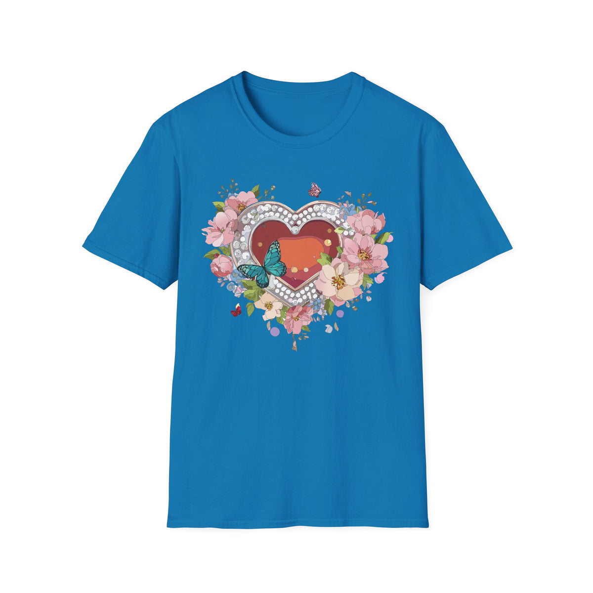 Heart with Floral Wreath and Butterfly T-Shirt | Romantic Floral Tee