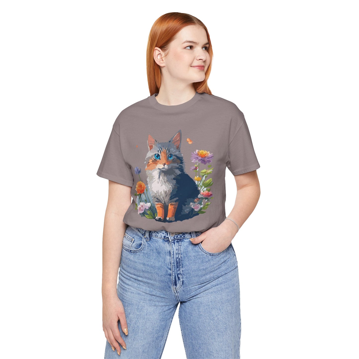 Floral Cat Tee, Animal Shirt, Cat Shirt, Floral Tee, Flower T-shirt, T-Shirt with Animal, Summer Top with Art Design