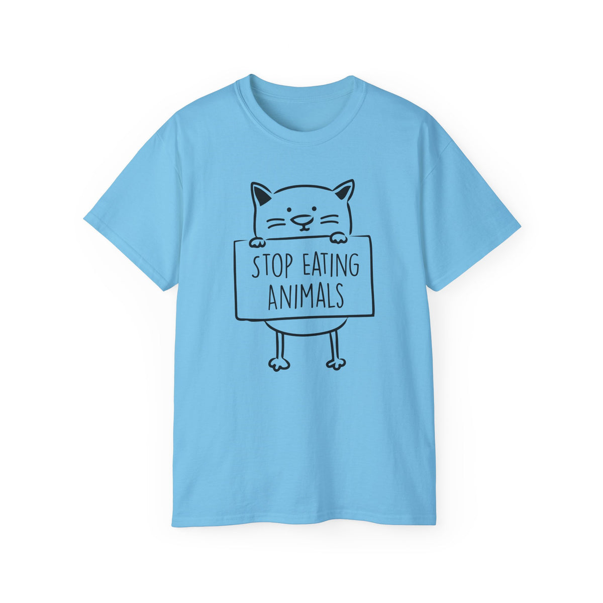 Cat Holding Sign Stop Eating Animals T-Shirt | Vegan Animal Rights Tee