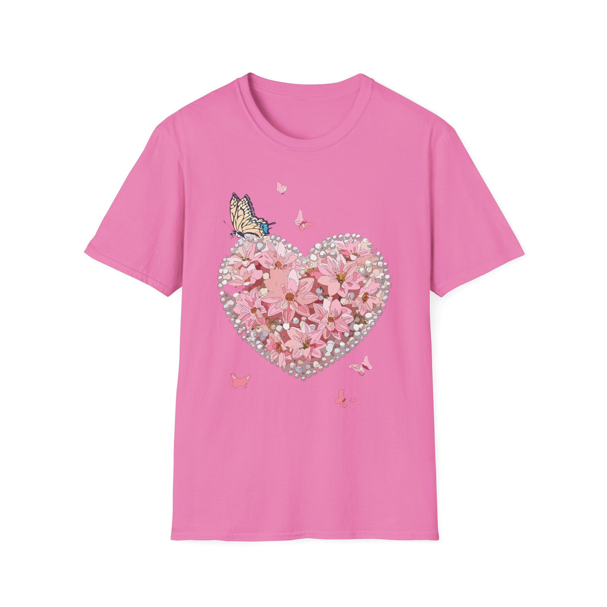 Pink Floral Heart with Butterfly T-Shirt | Spring Floral Graphic Tee Unisex 100 Cotton Gildan T-Shirt