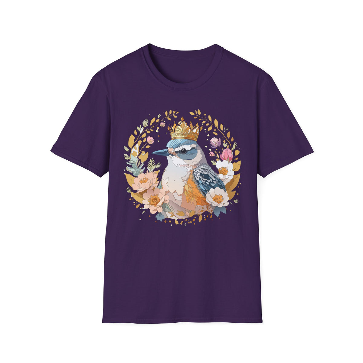 Crowned Bluebird Floral Illustration T-Shirt | Whimsical Bird Art