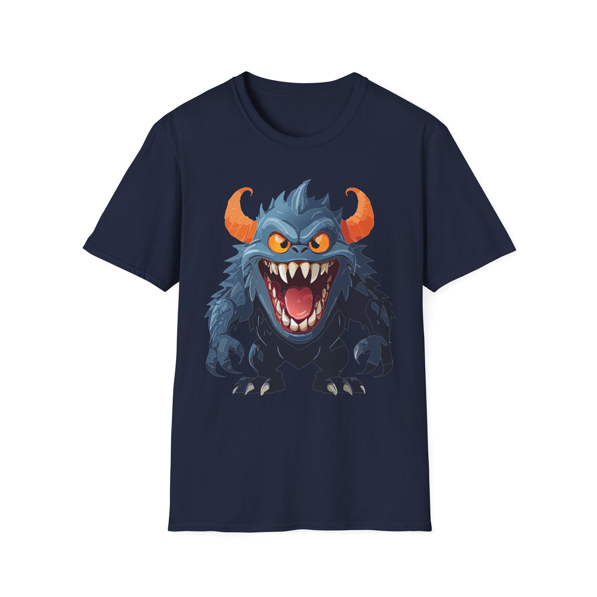Monster Graphic T-Shirt — Fierce Blue Horned Creature Cartoon Graphic Tee Unisex 100 Cotton Gildan T-Shirt
