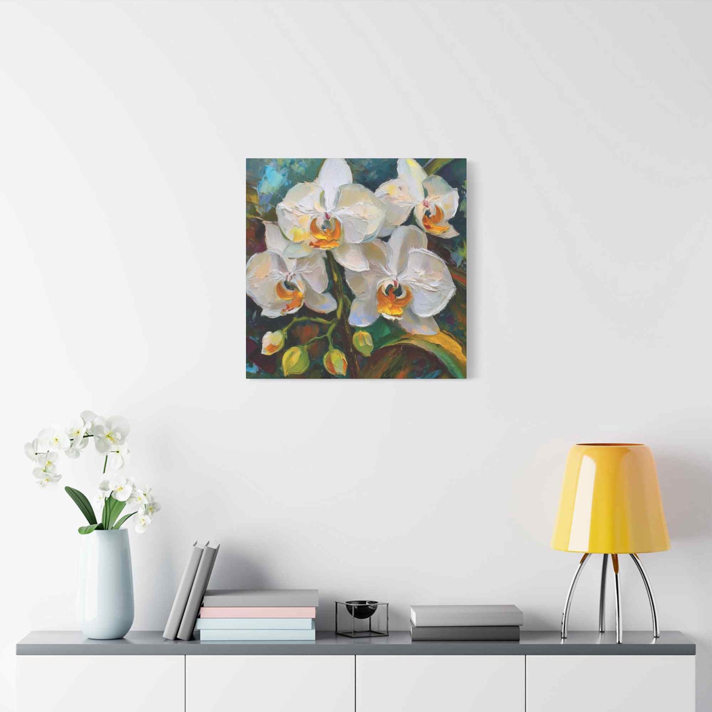 White Orchids Print Canvas, Floral Oil Paint Print 20x20, 24x24, 30x30, 32x32, 36x36 Art Design Pine-Wood Inner Frame MC-137