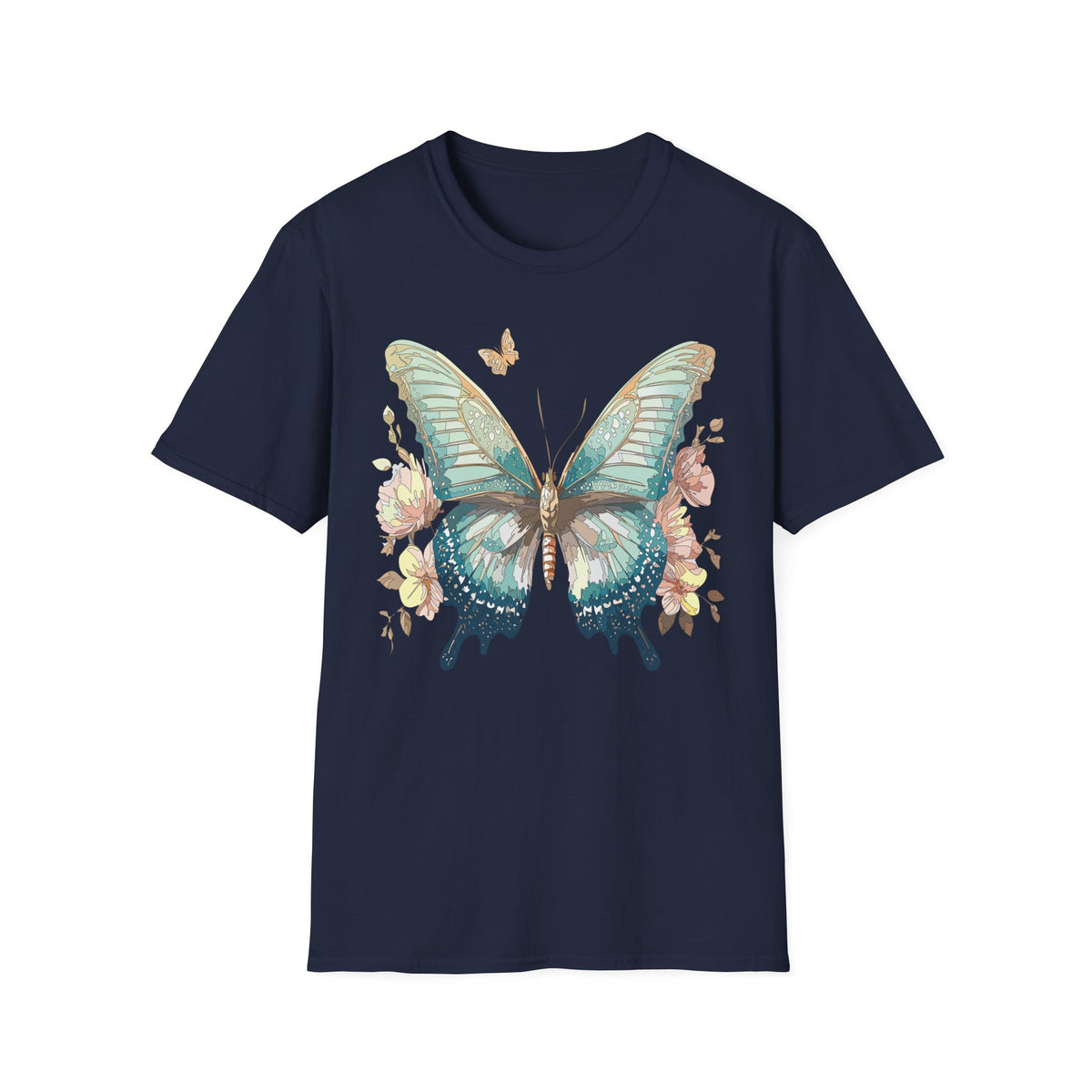 Teal Watercolor Butterfly T-Shirt | Floral Accent, Boho Nature Graphic Tee Unisex 100 Cotton Gildan T-Shirt