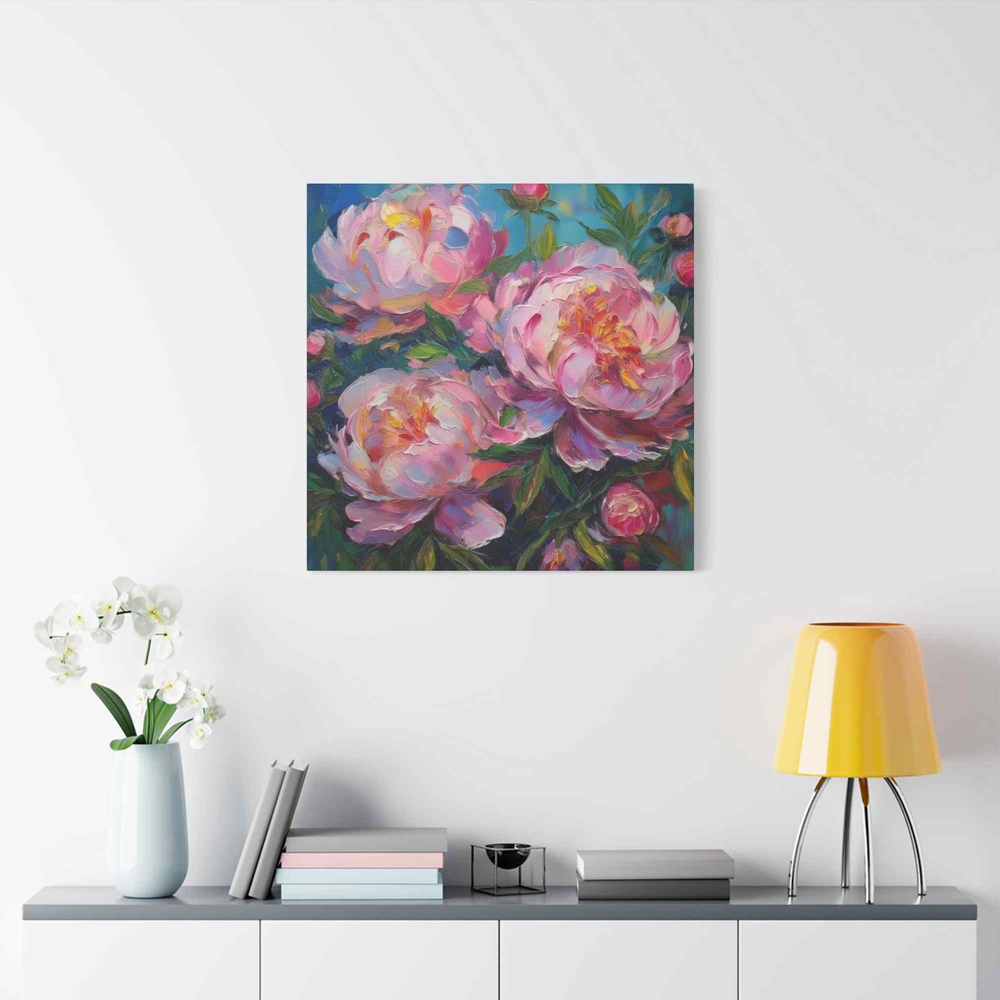 Pink Peonies Print Canvas, Floral Oil Paint Print 20x20, 24x24, 30x30, 32x32, 36x36 Art Design Pine-Wood Inner Frame MC-116