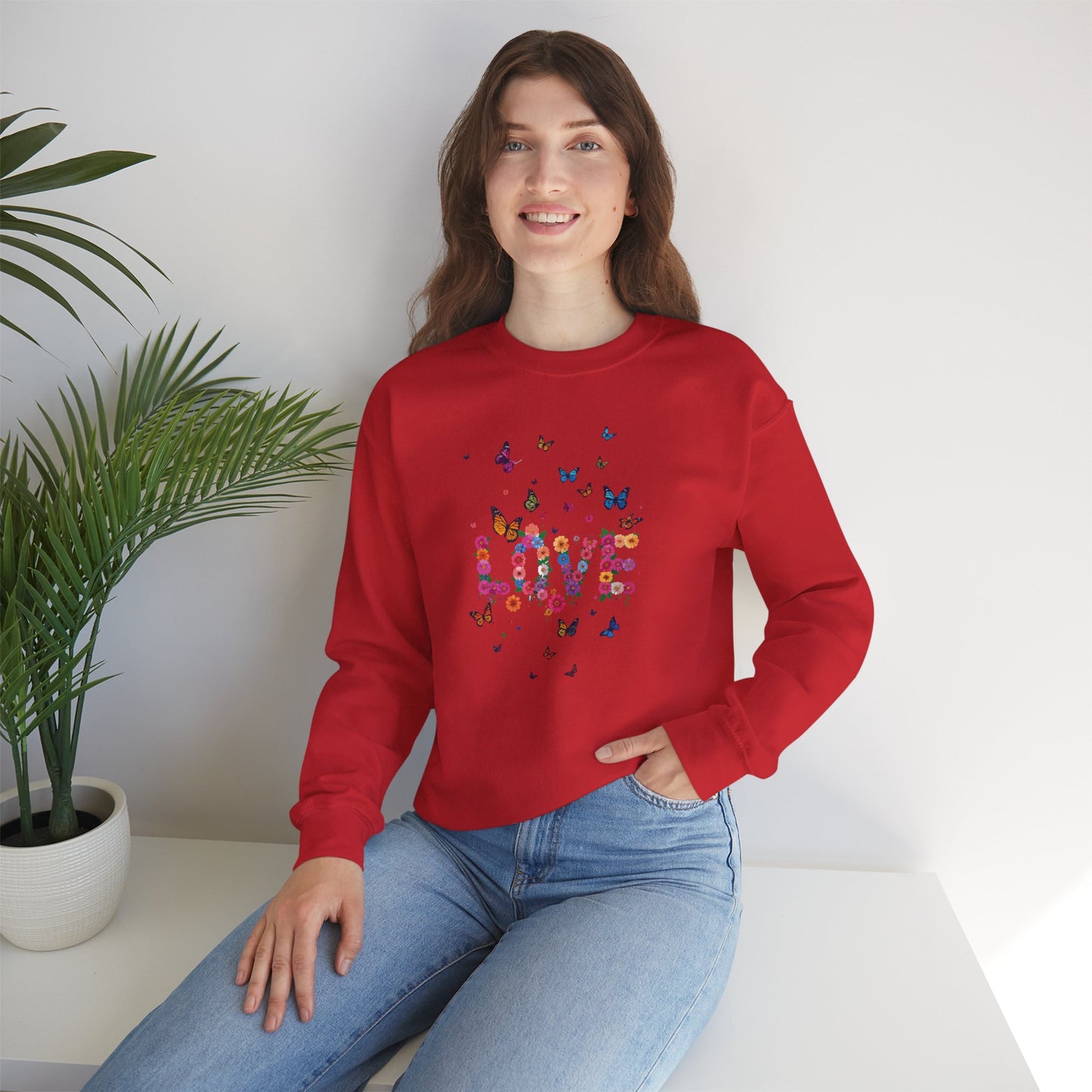 Unisex Floral Love Sweatshirt, Love Floral Sweatshirt, Floral Butterfly Sweatshirt, 50/50 Cotton-Poly Valentine's Day Sweatshirt 08