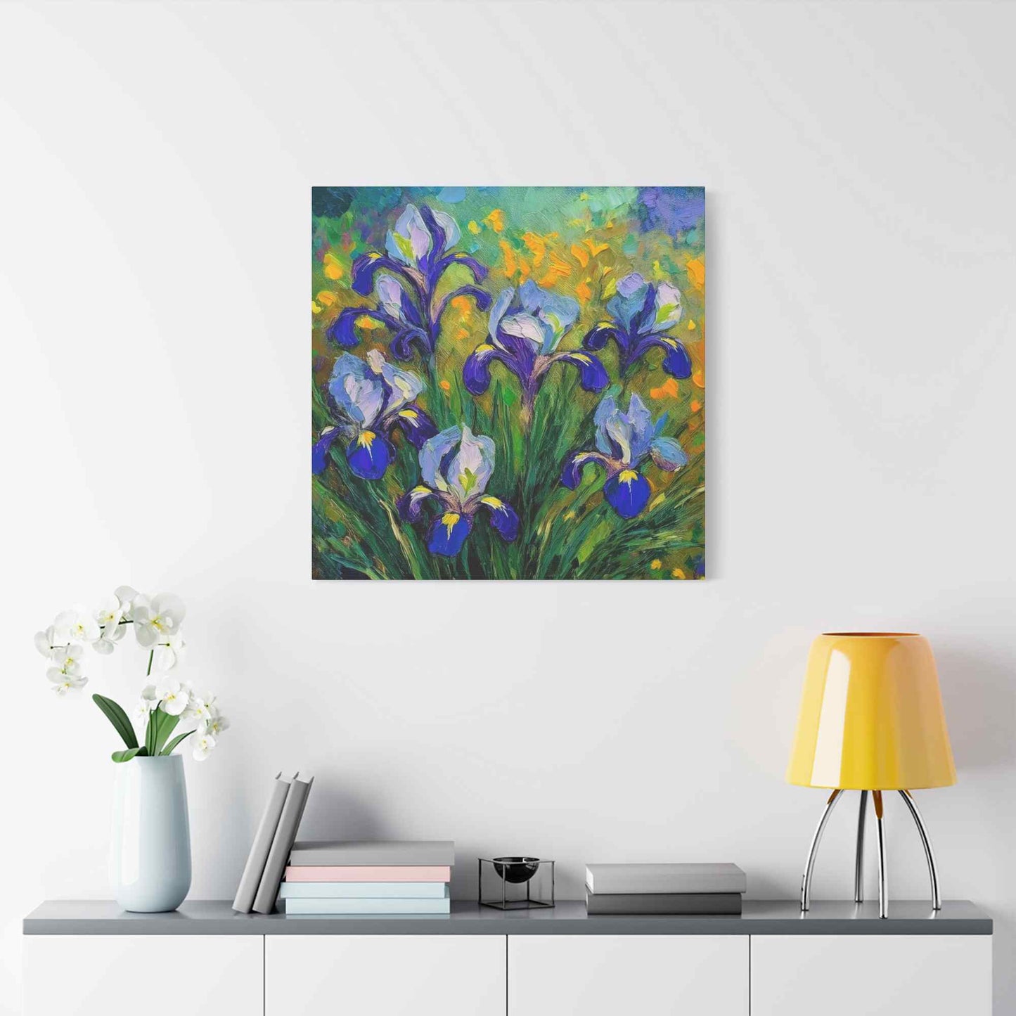 Irises Floral Print Canvas, Floral Oil Paint Print 20x20, 24x24, 30x30, 32x32, 36x36 Art Design Pine-Wood Inner Frame MC-186