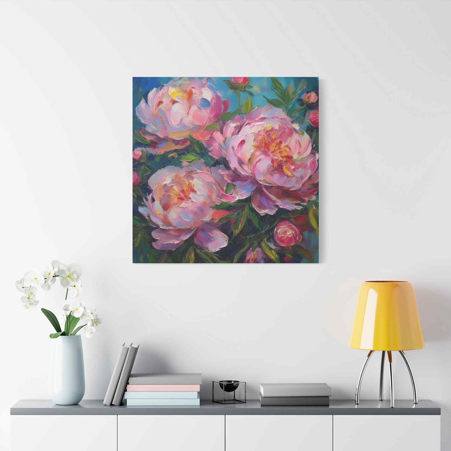Pink Peonies Print Canvas, Floral Oil Paint Print 20x20, 24x24, 30x30, 32x32, 36x36 Art Design Pine-Wood Inner Frame MC-116