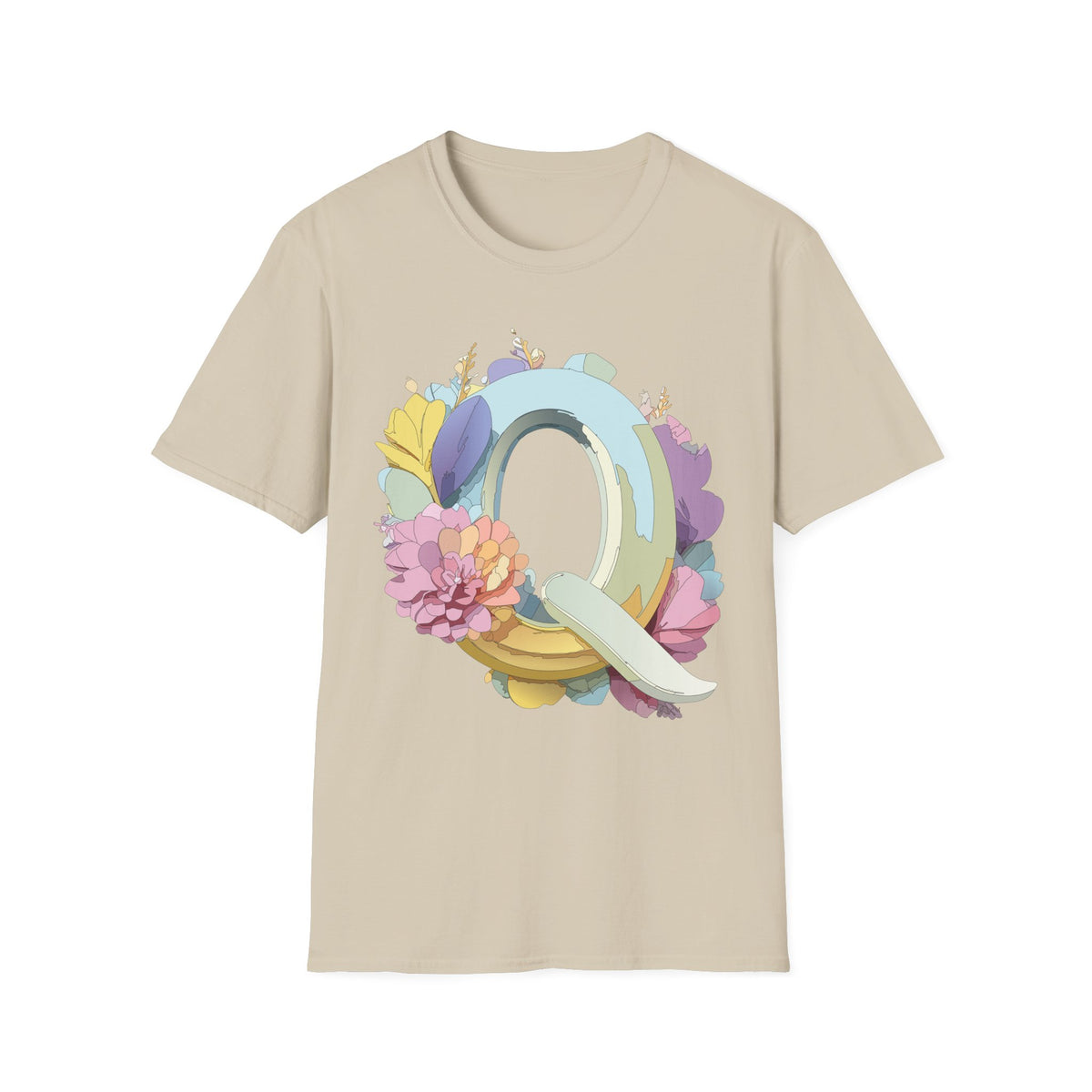 Floral Letter Q T-Shirt | Pastel Monogram Tee, Botanical Initial Shirt