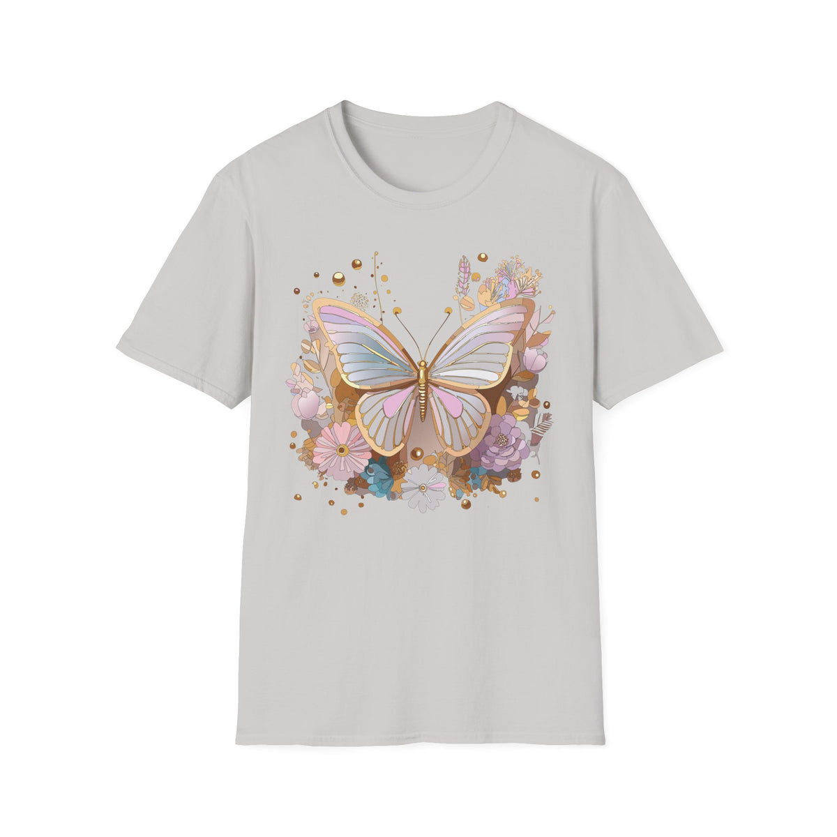 Pastel Butterfly Floral T-Shirt — Gold Accent Butterfly Graphic Design Unisex 100 Cotton Gildan T-Shirt