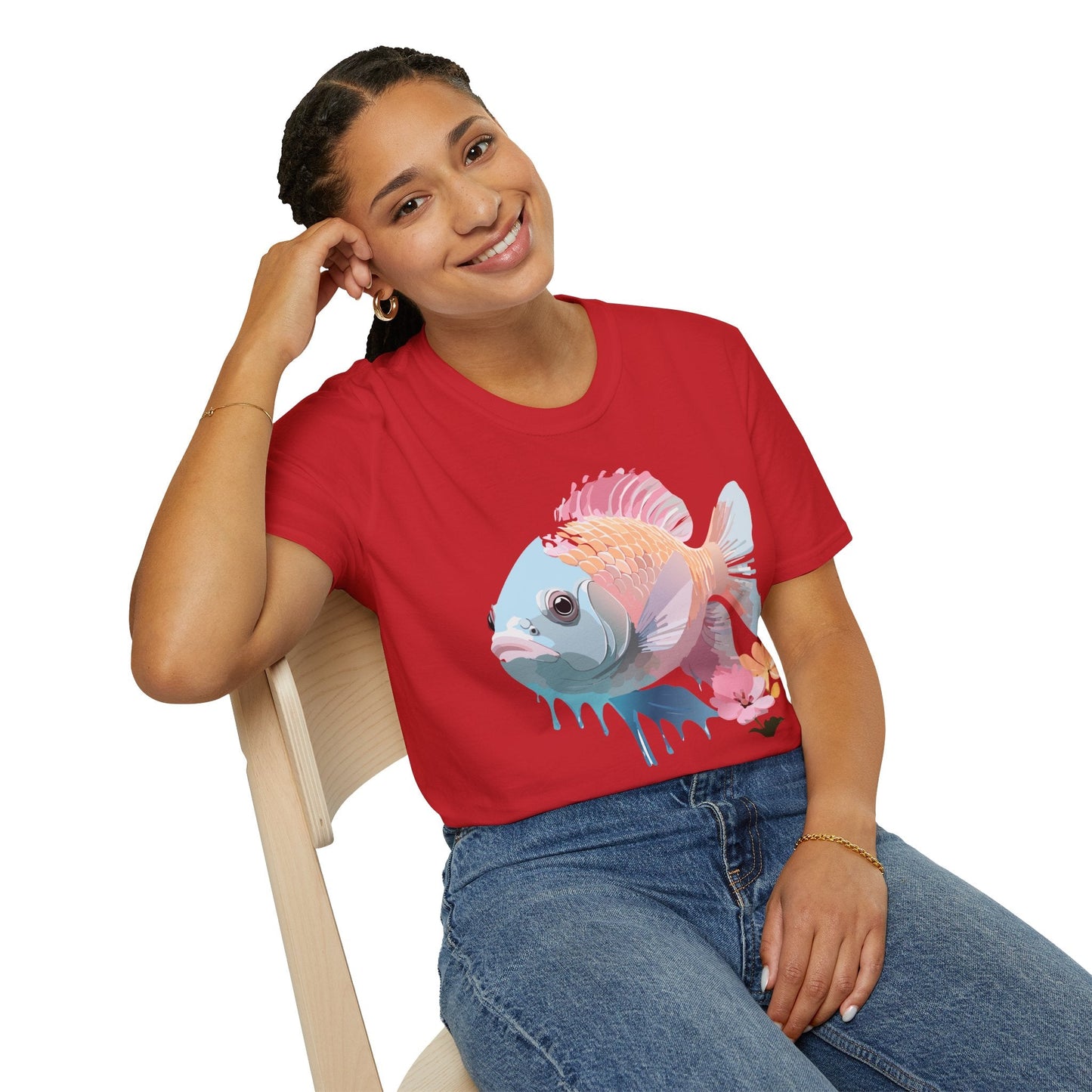 Fish Art Design Shirt Unisex Graphic Tee 100 Percent Ring Spun Cotton Softstyle Gildan 64000