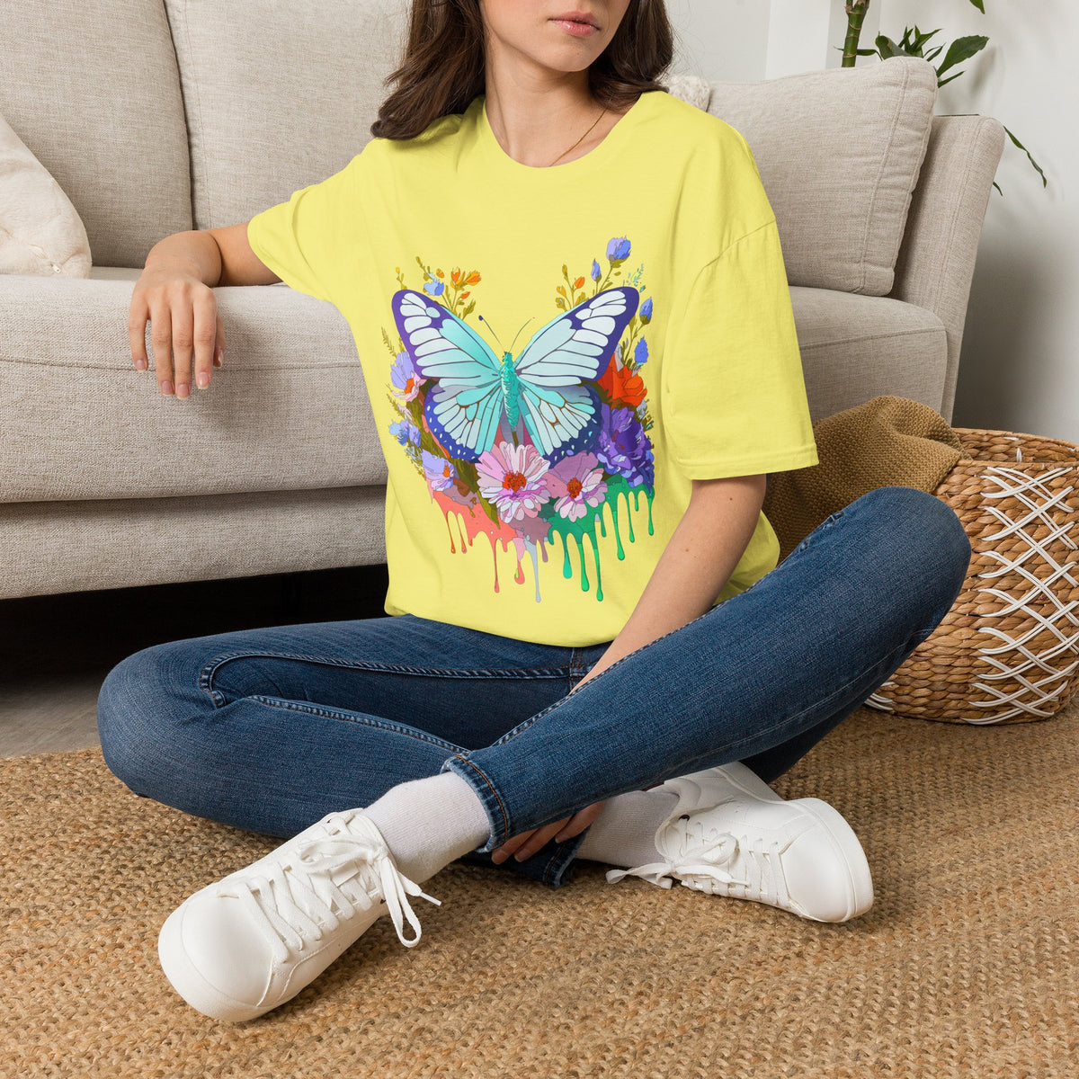 Butterfly Floral Drip T-Shirt — Teal Butterfly with Watercolor Flowers Graphic Tee Unisex 100 Cotton Gildan T-Shirt