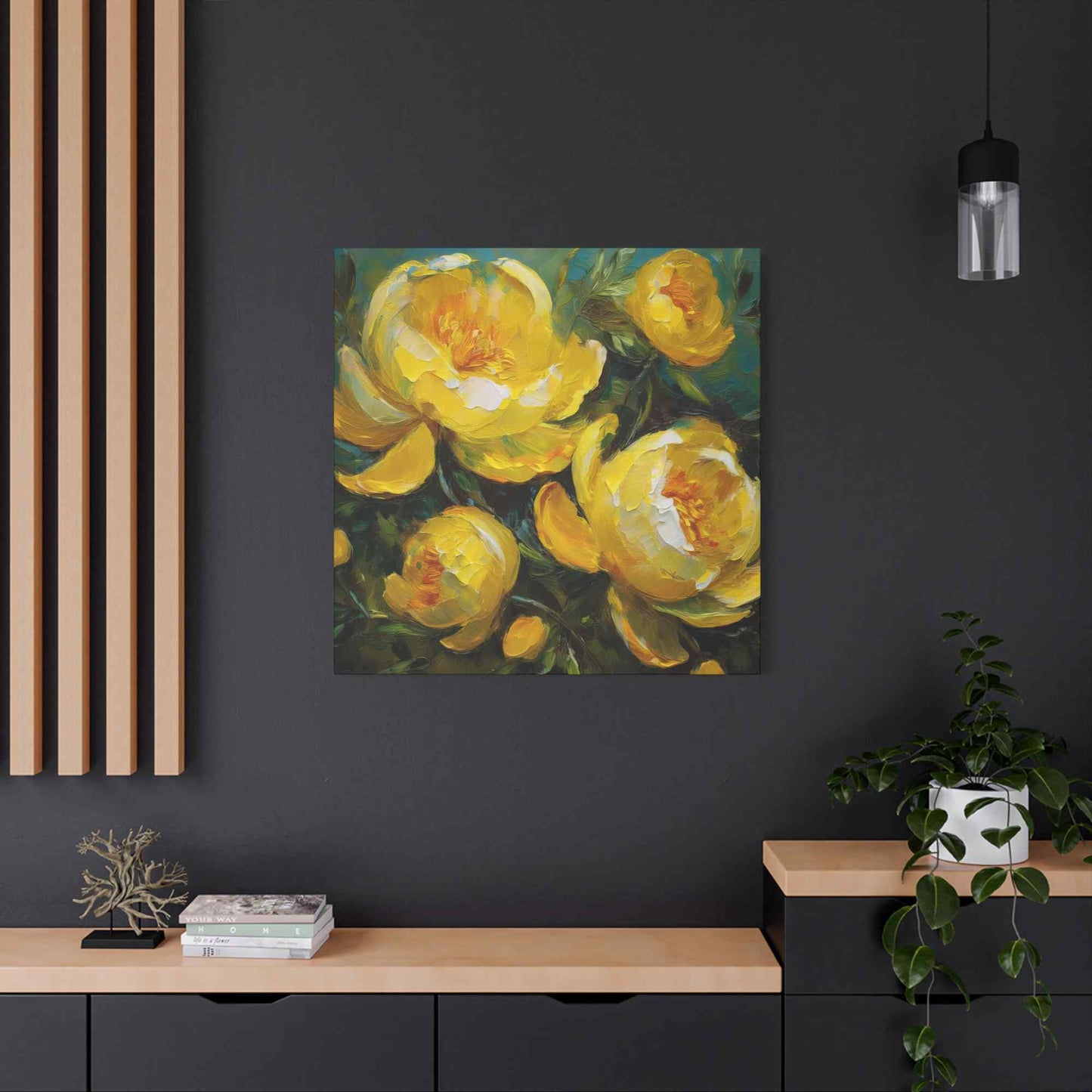 Yellow Peonies Print Canvas, Floral Oil Paint Print 20x20, 24x24, 30x30, 32x32, 36x36 Art Design Pine-Wood Inner Frame MC-122