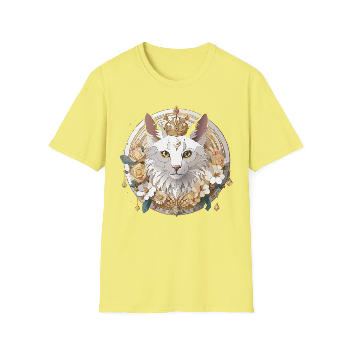 Regal Cat Crown graphic T-Shirt | White Cat Illustration, Floral Halo