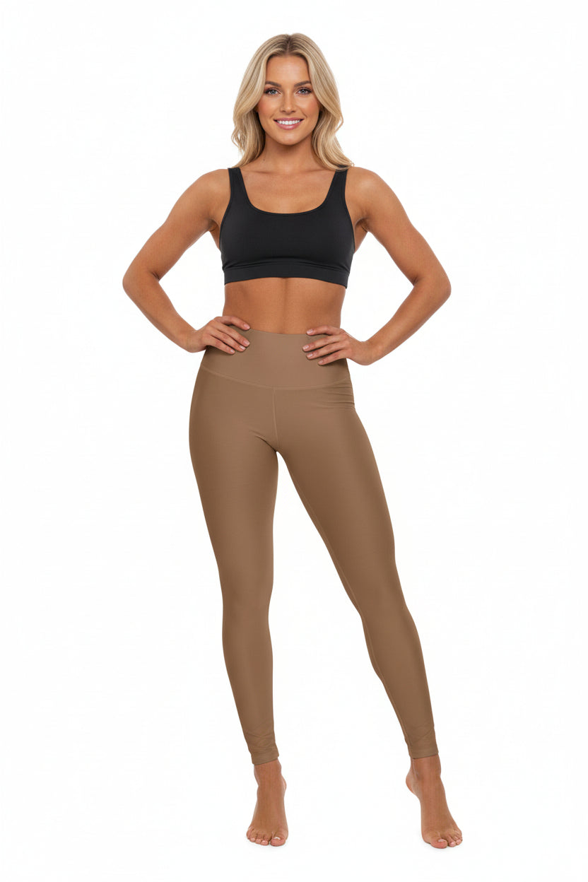 High-Waisted Toffee Brown Yoga Leggings Smooth Camel Women's Seamless Poly-Span Performance Leggings