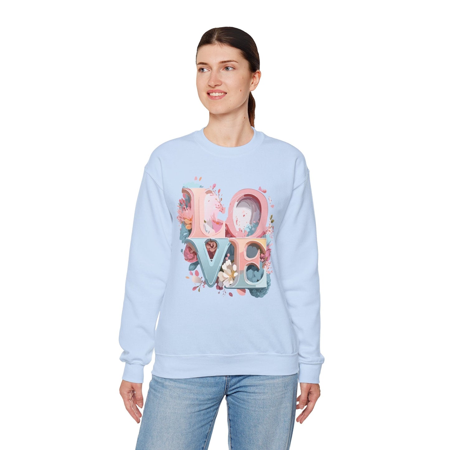 Floral Love Sweatshirt Unisex Crewneck Valentine Day Gift Gildan 18000 Fifty Fifty Cotton Blend