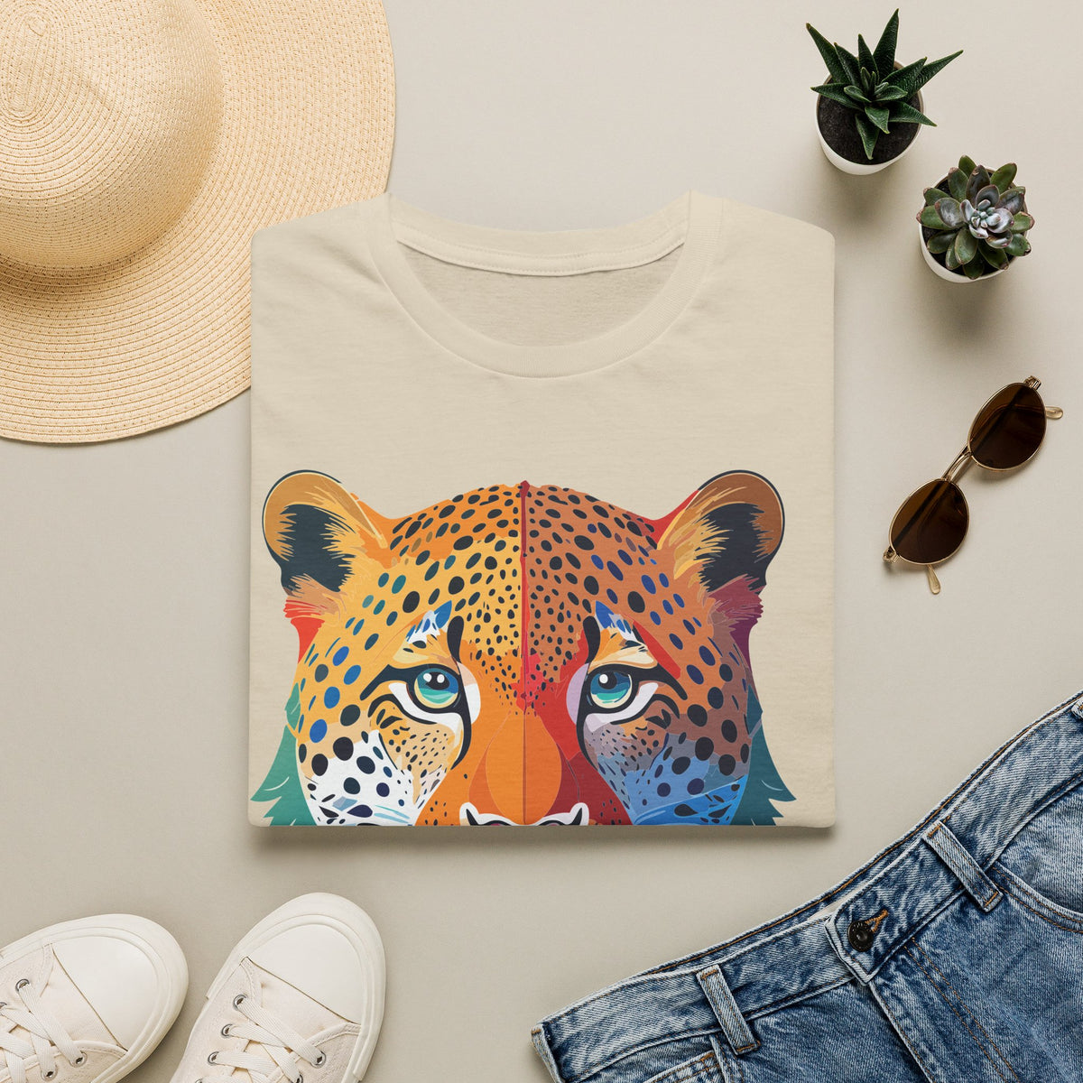Colorful Leopard Face T-Shirt | Rainbow Big Cat Illustration