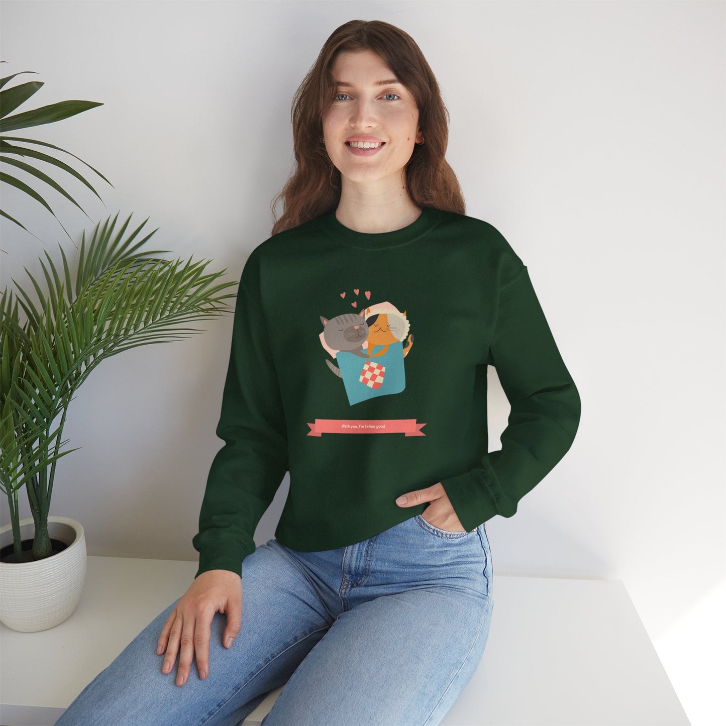 Cat Heart Sweatshirt Unisex Valentines Day 50 50 Cotton Poly Crewneck Gildan 18000