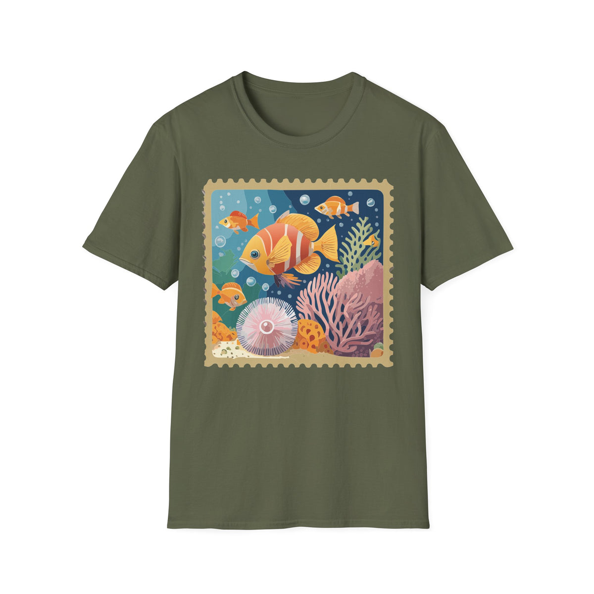 Tropical Clownfish Stamp Tee | Fish Reef Illustration Graphic Tee Unisex 100 Cotton Gildan T-Shirt