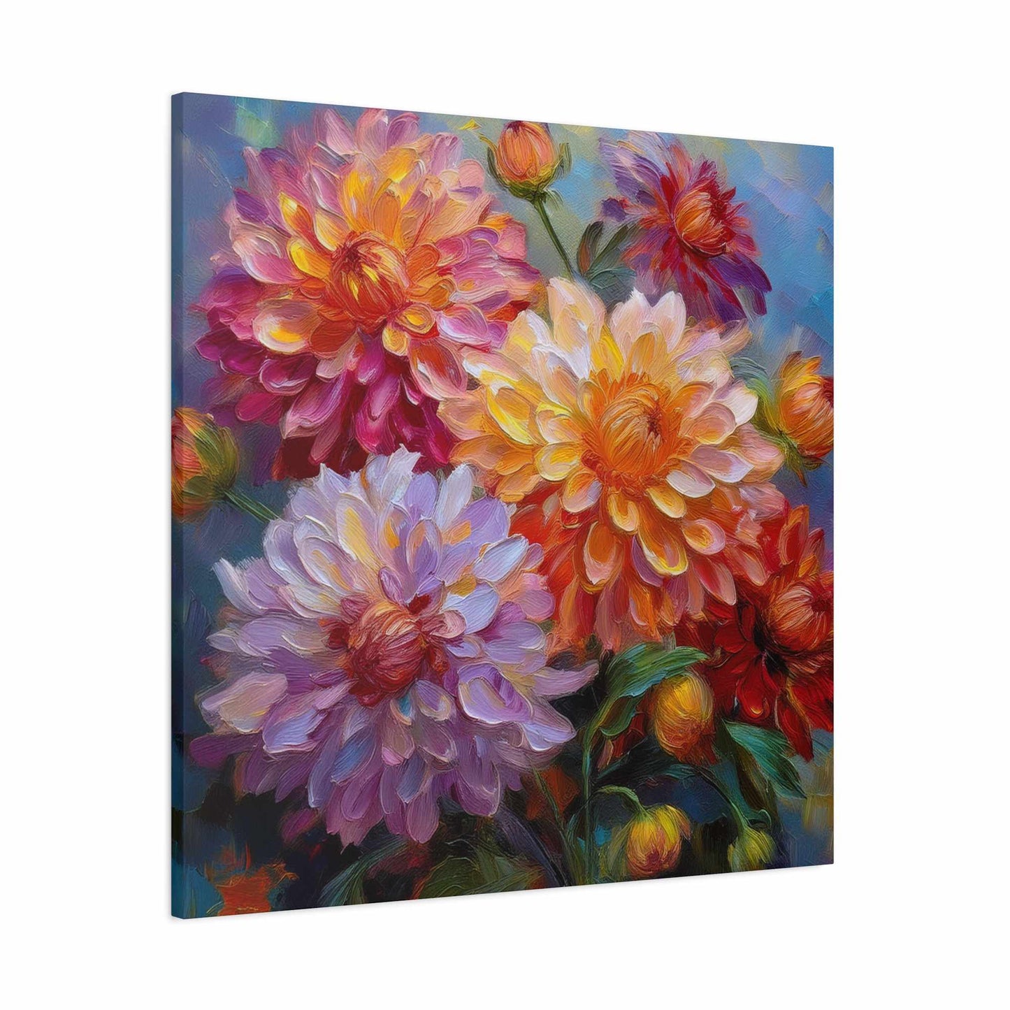 Dahlias Floral Print Canvas, Floral Oil Paint Print 20x20, 24x24, 30x30, 32x32, 36x36 Art Design Pine-Wood Inner Frame MC-165