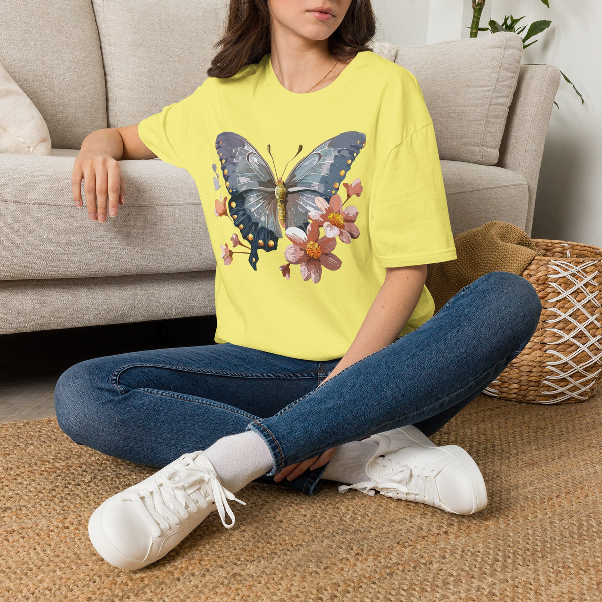 Butterfly and Floral Botanical Graphic Design Unisex 100 Cotton Gildan T-Shirt